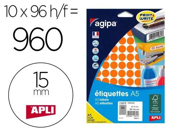Etiquette Apli Agipa Couleur Multi-Usage A5 Diam.15 Mm Coins Arrondis Etiq/Poch 960 Etiq/F 96 Coloris Orange, N.C —…