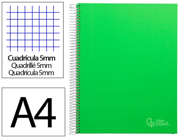 Cahier spirale liderpapel jolly couverture contrecollée a4 280p 75g/m2 5x5mm microperforé 4 trous coloris vert — Non classé