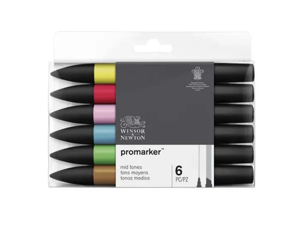 Marqueur professionnel w&n promarker double pointe tons moyens jaune/tulipe/rouge/oeillet rose/bleu chine/cacao 6 unités —…