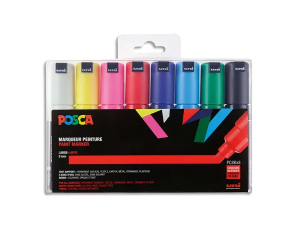 Marqueur Posca Pc8k Gouache Encre Inodore Toutes Surfaces Pointe Large Biseautée Assortiment Étui 8 Unités — Activités…