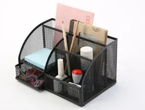 Organiseur bureau q-connect maille métallique 5 compartiments et 1 tiroir 220x140x130mm coloris noir — Non classé