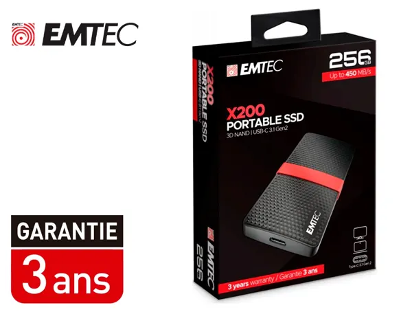 Disque dur ssd portable emtec x200 power plus usb-c 3.1 gen1 transfert haute vitesse grande capacite de stockage 256gb —…