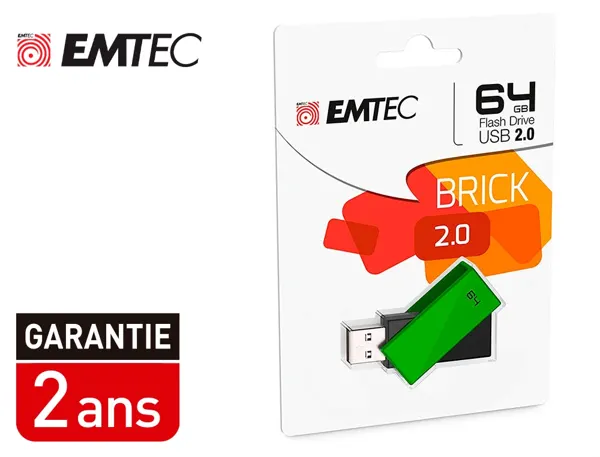 Cle Usb Emtec 2.0 C350 Brick Pivotante 64 gb Vitesse Lecture 15 mbs Ecriture Mb/S Coloris Vert — Informatique & bureautique