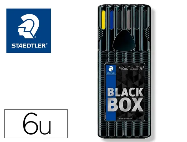 Etui staedtler triplus set 6 unites 2 feutres 1 bleu 1 noir 1 roller noir 1 stylo bleu 1 porte-mine hb et 1 surligneur —…