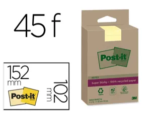 Bloc-notes post-it super sticky grand format recycles 102x152mm 45f repositionnables lignes coloris jaune pack 4 blocs —…
