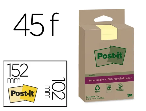 Bloc-notes post-it super sticky grand format recycles 102x152mm 45f repositionnables lignes coloris jaune pack 4 blocs —…