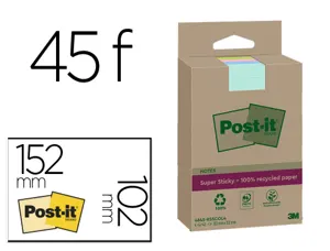 Bloc-notes post-it super sticky grand format recycles 102x152mm 45f repositionnables lignes col. assortis pack 4 blocs —…