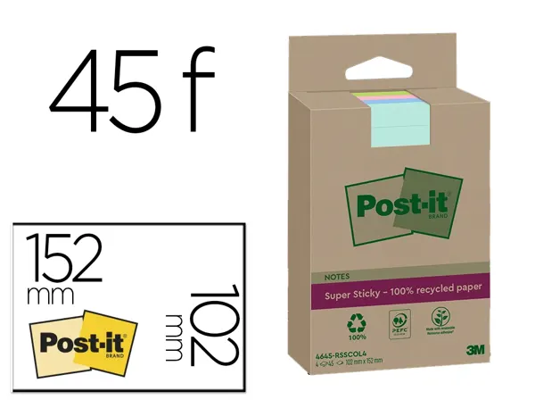Bloc-notes post-it super sticky grand format recycles 102x152mm 45f repositionnables lignes col. assortis pack 4 blocs —…