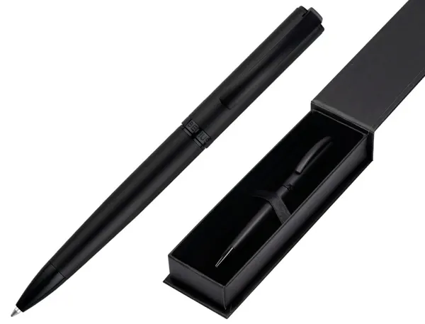 Stylo-bille belius turbo monochrome aluminium texture pointillee encre bleue coloris noir dans coffret cadeau — Non classé