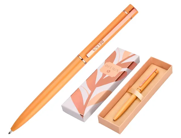 Stylo-bille belius rose aluminium details et attributs or rose encre bleue coloris orange dans coffret cadeau — Non classé