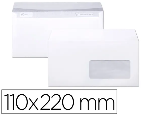 Boite de 250 enveloppes blanches 110x220mm 90g bande siliconée fenêtre 45x100mm, Clairefontaine — Papier, cahier & courrier