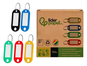 Porte-cles avec porte-etiquettes liderpapel   ecouse plastique 100% recycle 50x22mm boite de 100 assortis — Non classé