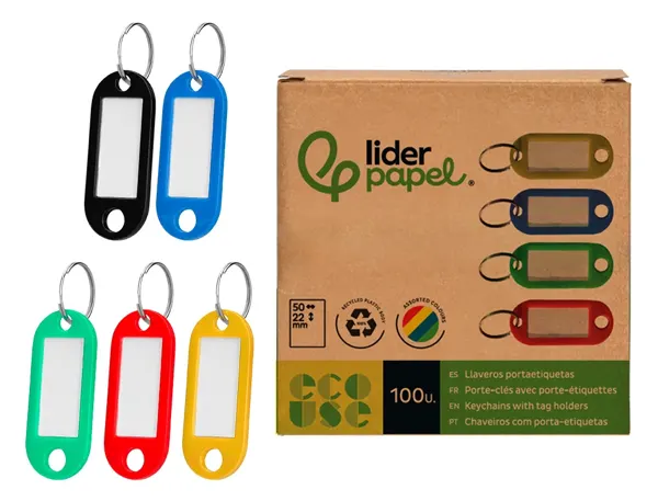 Porte-cles avec porte-etiquettes liderpapel   ecouse plastique 100% recycle 50x22mm boite de 100 assortis — Non classé