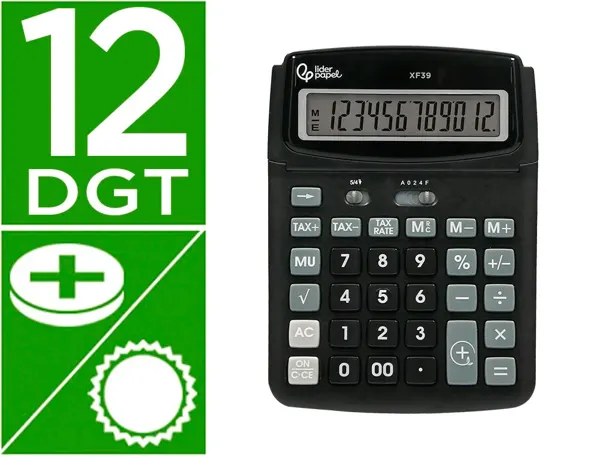 Calculatrice de bureau liderpapel xf39 12 chiffres   solaire et piles 190x140x32mm coloris noir — Non classé