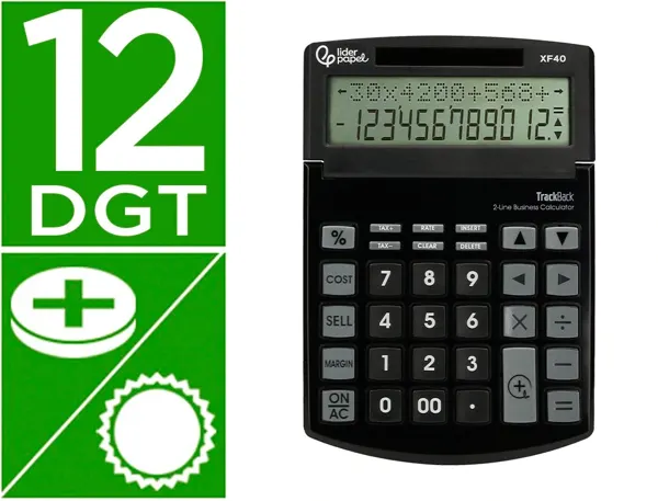 Calculatrice de bureau liderpapel xf40 12 chiffres   double ligne solaire et piles 175x120x30mm coloris noir — Non classé