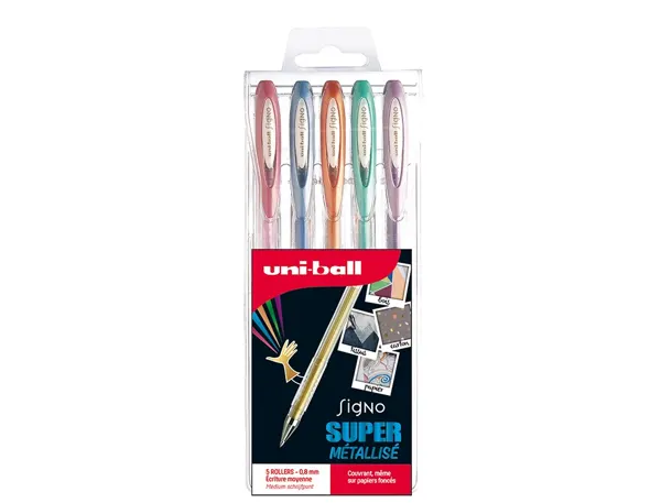 Roller uniball signo broad encre gel ecriture moyenne    couleurs assorties metallisee pochette de 5 — Non classé