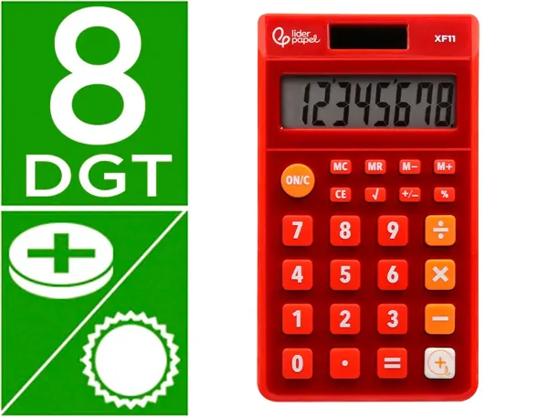 Calculatrice de poche liderpapel xf11 8 chiffres solaire et piles 115x65x8 mm coloris rouge — Non classé