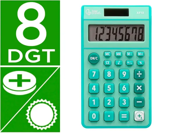 Calculatrice de poche liderpapel xf13 8 chiffres solaire et piles 115x65x8 mm coloris vert — Non classé