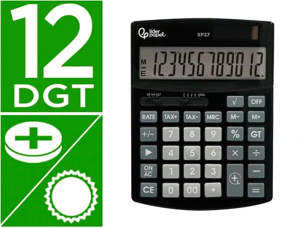 Calculatrice de bureau liderpapel xf27 12 chiffres   taxes solaire et piles        coloris noir 155x115x25 mm — Non classé