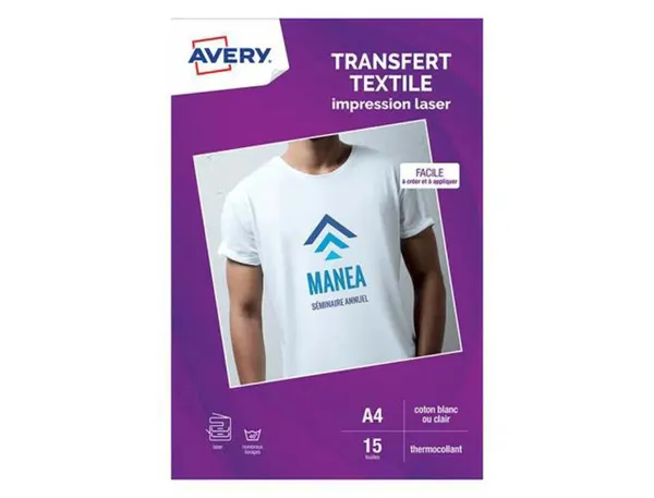 Transfert textile avery a4 laser paquet de 15 coloris blanc ou clair — Non classé