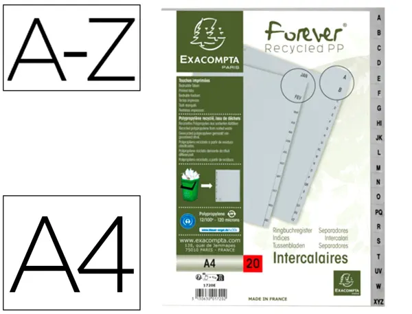 Jeu de 20 intercalaires alphabétiques en polypropylène gris recyclé, format A4, EXACOMPTA — Classement & archivage