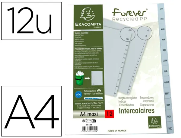 Jeu de 12 intercalaires mensuels en polypropylène gris recyclé, format A4, EXACOMPTA — Classement & archivage