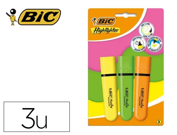Surligneur bic tank marking highlighter sechage rapide    pointe biseautee coloris      assortis set 3 unites — Non classé