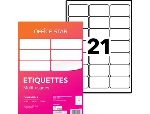Etiquette office star impression laser jet encre et copieur 63,5x38,1mm coloris   blanc pochette 2100 unites — Non classé