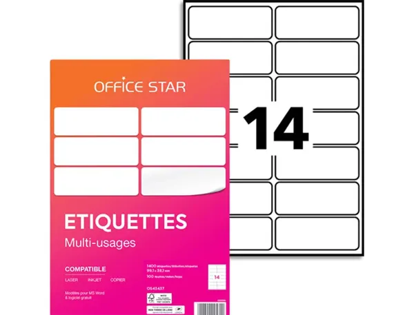 Etiquette office star impression laser jet encre et copieur 99,1x38,1mm coloris   blanc pochette 1400 unites — Non classé
