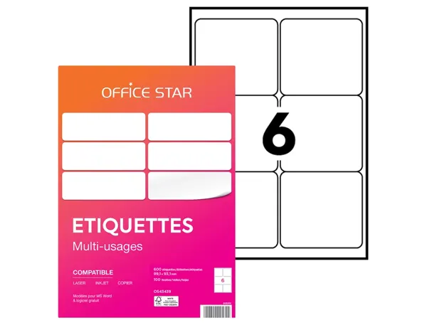 Etiquette office star impression laser jet encre et copieur 99,1x93,1mm coloris   blanc pochette 600 unites — Non classé