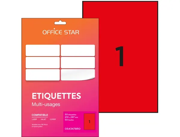 Etiquette office star impression laser jet encre et copieur 210x297mm coloris     rouge pochette 50 unites — Non classé