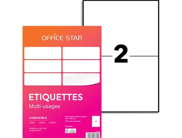 Etiquette office star impression laser jet encre et copieur 210x148,5mm coloris   blanc pochette 200 unites — Non classé