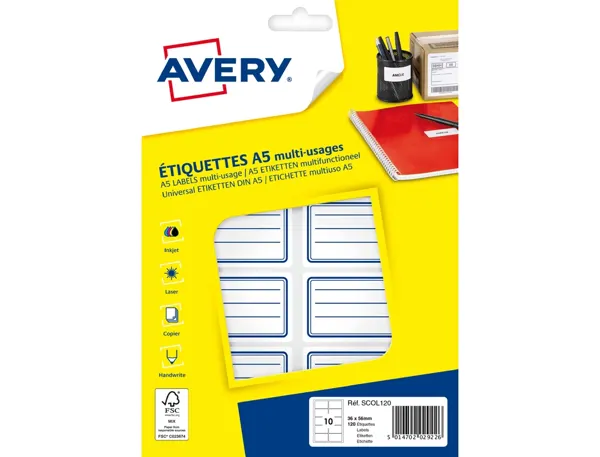 Etiquette scolaire avery impression laser jet encre et copieur 36x56mm coloris blanc lignes bleues pochette 120 — Non classé