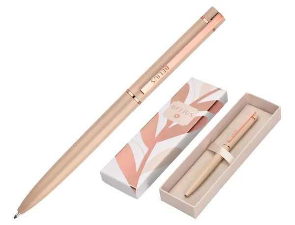 Stylo-bille belius rose corps aluminium encre bleue coloris beige claire or rose boite    design — Non classé