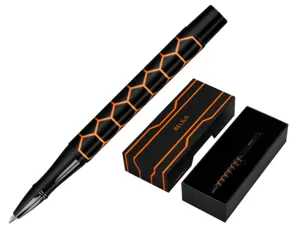 Stylo-bille belius legacy aluminium encre bleue design  hexagone orange corps noir    boite design — Non classé