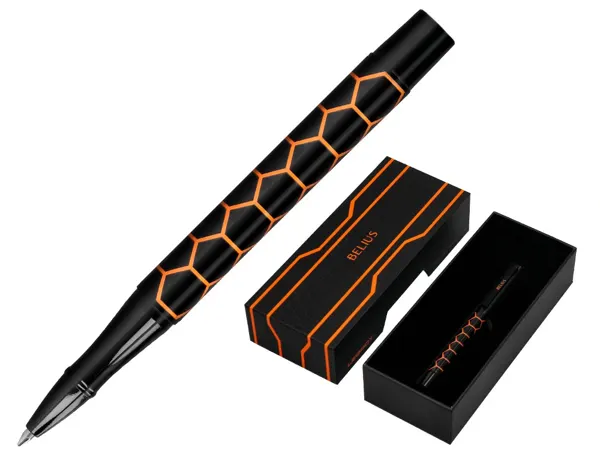 Stylo-bille belius legacy aluminium encre bleue design  hexagone orange corps noir    boite design — Non classé