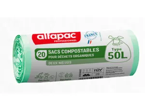 Sac dechets compostable alfapac 2 noeuds 16 microns   50l resistance 8kg 680x750mm  coloris transparent 500 — Non classé