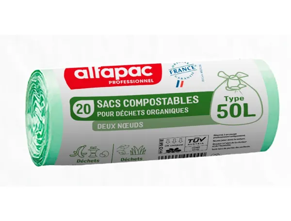 Sac dechets compostable alfapac 2 noeuds 16 microns   50l resistance 8kg 680x750mm  coloris transparent 500 — Non classé