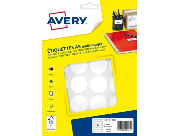 Etiquette avery multi-usages diam. 30 mm impression laser  / jet d'encre / copieur       coloris blanc 384 unites — Non…
