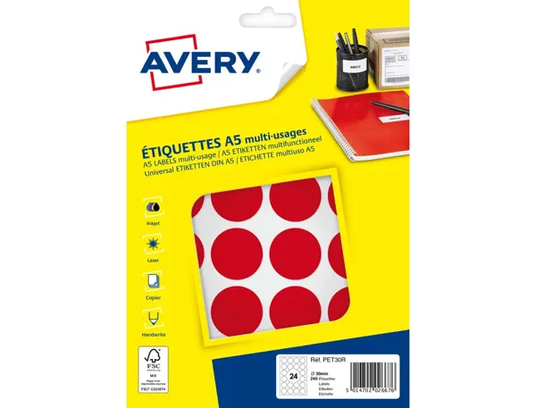 Etiquette avery multi-usages diam. 30 mm impression laser  / jet d'encre / copieur       coloris rouge 240 unites — Non…