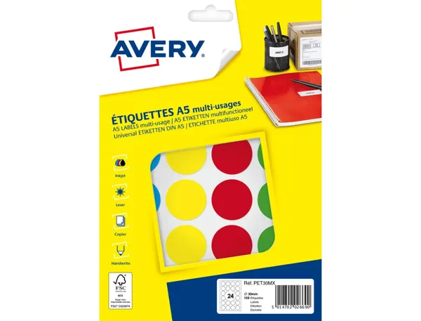 Etiquette avery multi-usages diam. 30 mm impression laser  / jet d'encre / copieur       coloris assortis 168 unites — Non…