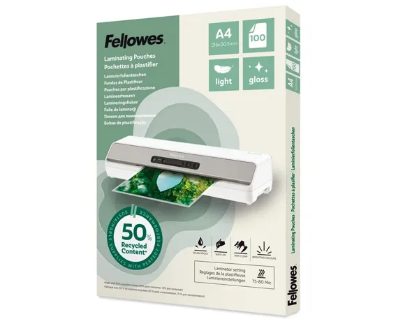 Pochette plastification fellowes brillante format a4  leger coloris transparent     boite 100 unites — Non classé