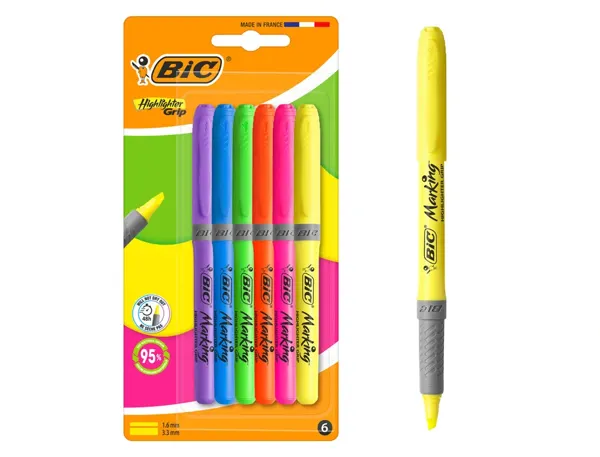 Surligneur bic highlighter grip pointe biseautee coloris fluo assortis pochette 6      unites — Non classé