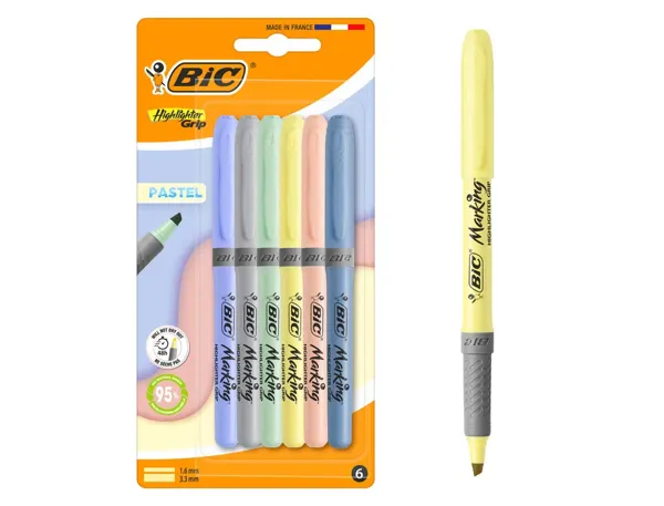 Surligneur bic highlighter grip pointe biseautee coloris pastel assortis pochette 6    unites — Non classé