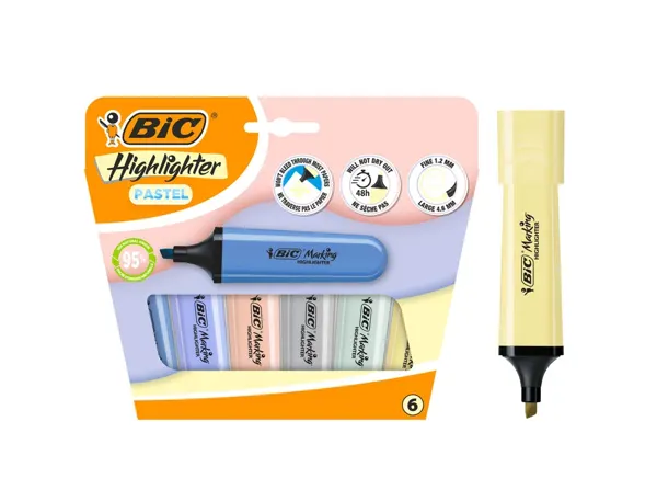 Surligneur bic highlighter plat pointe biseautee coloris pastel assortis pochette 6    unites — Non classé