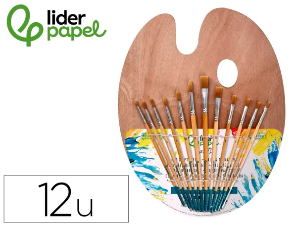 Pinceaux liderpapel poil synth tique pack de 12 unites avec pointes et tailles       assorties + palette en bois — Non classé