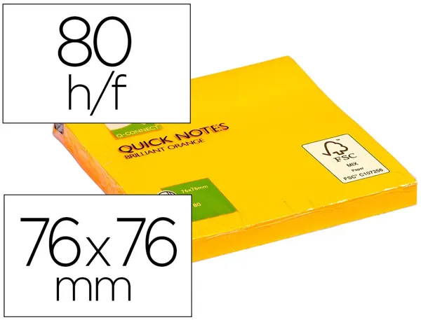 Bloc-notes q-connect quick notes couleurs néon 76x76mm 80f repositionnables coloris orange vif — Non classé