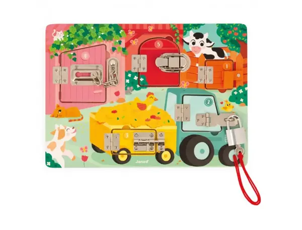 Pedagogie Montessori Janod Planche A Cadenas La Ferme 5 Portes Ouvertures Differentes, JURATOYS — Matériel & jeux éducatifs