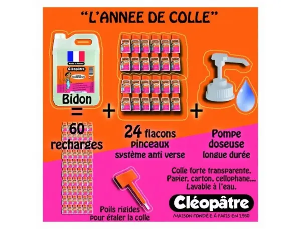 Colle transparente cleopatre sans solvant base eau         classpack 24 flacons 80g 5kg  colle transparente + 1 pompe — Non…