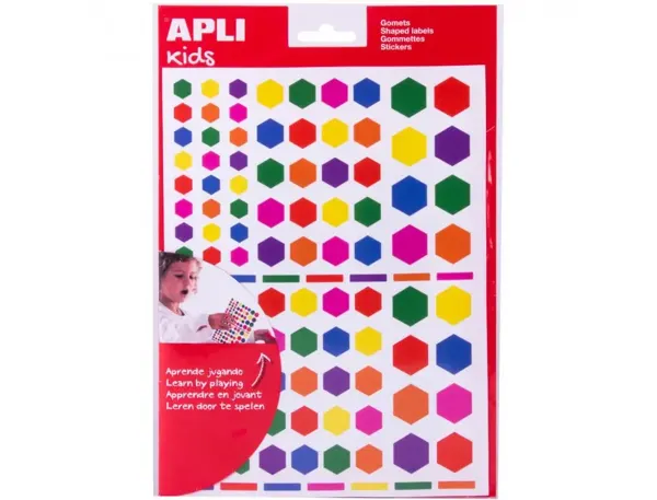 Pochette de 624 gommettes hexagone coloris assortis 6 Planches 16 x 21.5cm, APLI kids — Fournitures